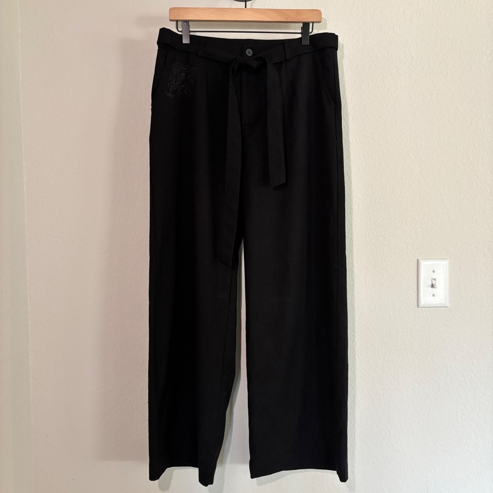 Disturbia Wide Leg Trousers 10 Embroidered Belted Black Goth Dark Academia